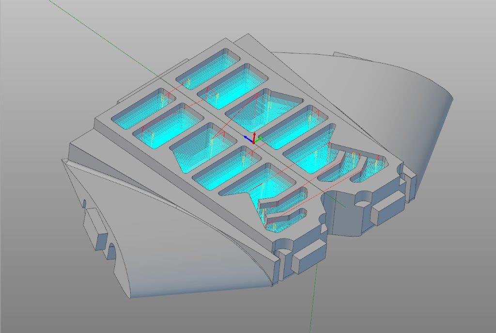 The wingbox 3D CAD model with toolpaths created and displayed in VisualCAM for Geomagic
