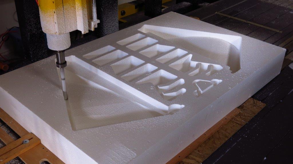 The wingbox foam core being machined on Foamlinx’s 3 Axis CNC Router